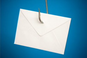 envelope on a fishing hook with blue background